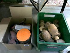 A box of assorted wood knobs and finials and a box with sanding belts etc, COLLECT ONLY