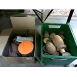 A box of assorted wood knobs and finials and a box with sanding belts etc, COLLECT ONLY