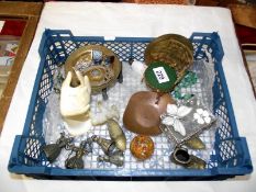 An interesting tray of collectables including jewellery, paperweight, brass etc
