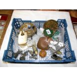 An interesting tray of collectables including jewellery, paperweight, brass etc