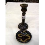 19c cloisonne enamel candlestick, slight a/f and a dragon decorated pin dish