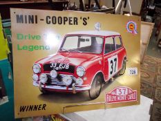 A retro printed metal poster of Monte Carlo Rally Mini Cooper S 33 EJB, 41cm x 30cm