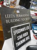 A solid copper Leeds Permanent Building Society sign and another sign, COLLECT ONLY.
