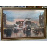 A gilt framed picture of trams.
