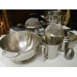 A mixed lot of stainless steel pans, colander etc., COLLECT ONLY.