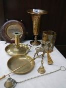 A mixed lot of brassware including chamber candlestick, vase, candlesnuffer etc.,