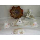 A carnival glass dish, ceramic candlesticks, tray and other ceramic items. COLLECT ONLY.