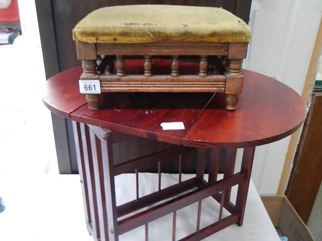 A drop side table/magazine rack and a foot stool. COLLECT ONLY.