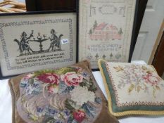 Two old samplers and two embroidered cushions. COLLECT ONLY.