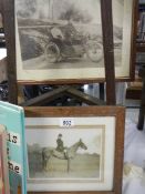 Two framed and glazed prints of a motorcyclist and a hunter on horse. COLLECT ONLY.