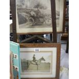 Two framed and glazed prints of a motorcyclist and a hunter on horse. COLLECT ONLY.