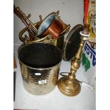 A mixed lot of brass and copper including coal scuttle , bin, lamp etc., COLLECT ONLY.