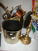 A mixed lot of brass and copper including coal scuttle , bin, lamp etc., COLLECT ONLY.