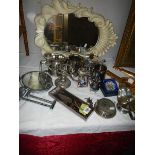 A mixed lot of silver plate and a mirror. COLLECT ONLY.