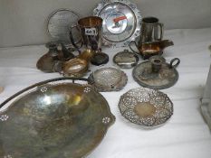 A mixed lot of silver plate and a silver dressing table pot top.