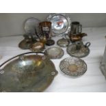 A mixed lot of silver plate and a silver dressing table pot top.
