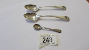 Two silver teaspoons and a silver salt spoon,