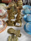 A mixed lot of brassware including candlesticks, miner's lamp etc.,
