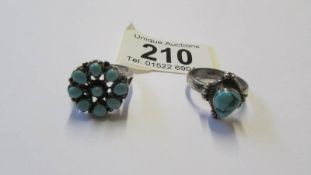 Two vintage silver rings set turquoise, sizes Q and R.