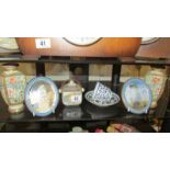 2 Goebel wall plaques, a pair of oriental vases (1 a/f), a jam pot, cup and saucer etc.,