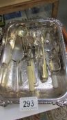 A silver plate dish, cutlery, ladle etc.,