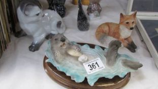 An owl art glass paper weight, one other a Danish cat & bird figures and 2 Italian pieces.