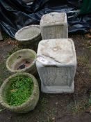 Three plant pots and two pot stands, COLLECT ONLY.