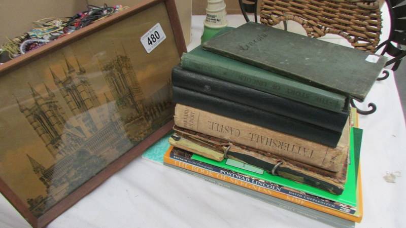 A mixed lot of books relating to Lincolnshire and a picture on copper.