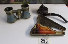 A pair of opera glasses, a bull head pipe and a cheroot holder.