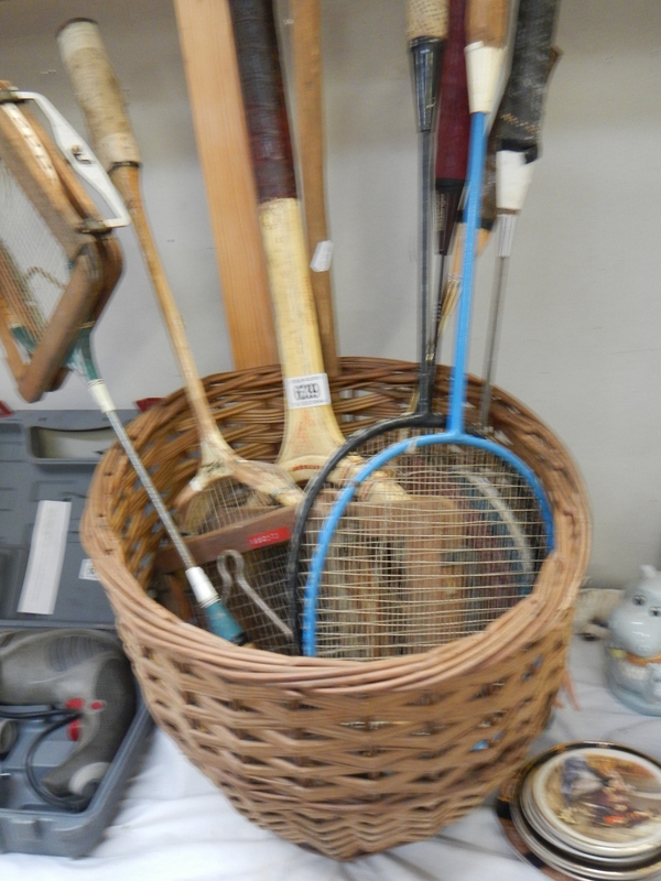 A quantity of sports equipment in a pull along basket. COLLECT ONLY.