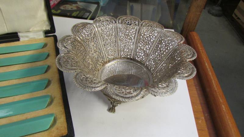 A cased set of butter knives and a filigree sweetmeat dish. - Image 2 of 4