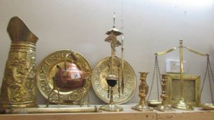 A mixed lot of brass and copper including companion set, scales, kettle on stand etc., COLLECT ONLY.