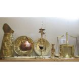 A mixed lot of brass and copper including companion set, scales, kettle on stand etc., COLLECT ONLY.