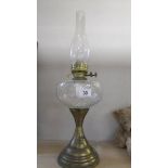 A brass and glass oil lamp with chimney, COLLECT ONLY.