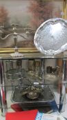 A mixed lot of silver plate including candelabra, trays etc., COLLECT ONLY.