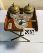 A novelty Edwardian butler tray cruet set with plated fittings. 11cm x 10cm x Height 9.5cm.