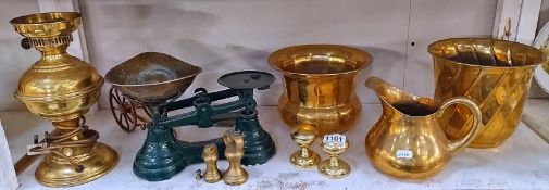 A selection of brass ware including planters, weights and cast iron scales etc.