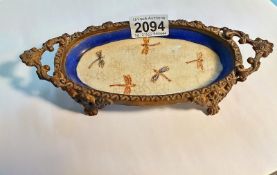 A Bronze frame porcelain dish with painted dragonflies