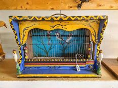 A vintage painted travellers bird cage. 54cm x 28cm x Height 38cm. COLLECT ONLY.