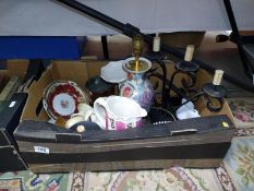 A box of miscellaneous including lamp, candlestick, china & binoculars, etc.