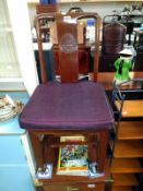 A teak hall chair with carved back. COLLECT ONLY.