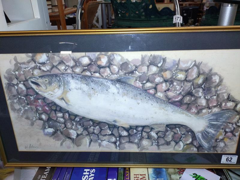 A Framed and glazed original watercolour of a salmon in a pebbled stream, signed by W. Polson. - Image 2 of 3