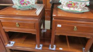 A pair of mahogany side table/pot stands with drawers, 51 x 51 x51 cm, COLLECT ONLY.