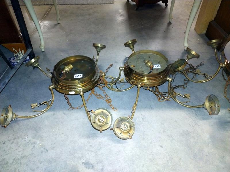 Two complete, 5 arm brass ceiling lights with large cut glass flycatcher centre shade and 3 others - Image 6 of 7