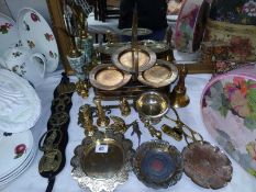 A selection of brassware including candlesticks, cake stand etc