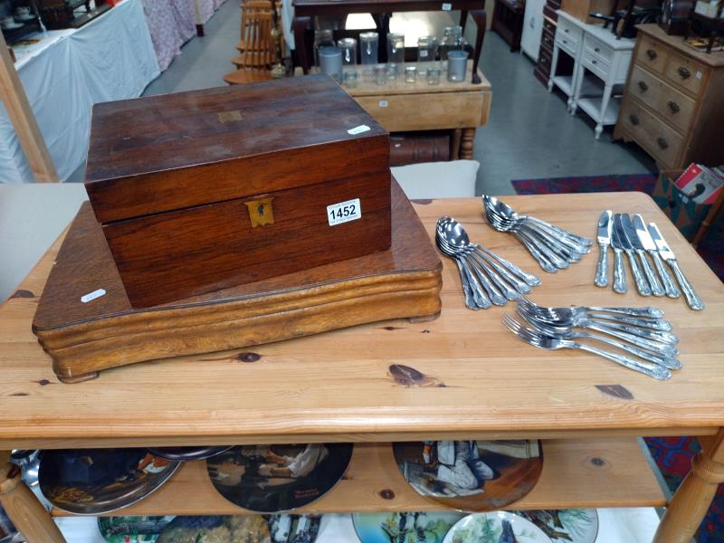 A Victorian mahogany writing box, an empty oak cutlery box and a quantity of Kings pattern