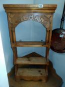 Pine kitchen shelves with Colmans lettering. 49cm x 17cm x height 96cm. COLLECT ONLY.