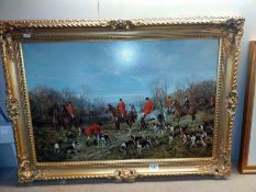 A large gilt framed varnished print on canvas of An Autumn meeting, hunt scene by Heywood Harvey.