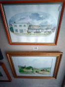 A watercolour of a hillside cottage by Betty Lewis and another unsigned of a cafe. 47cm x 37cm, 37