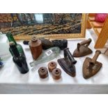 3 cast iron flat irons, stoneware, ink bottles and glass bottles, COLLECT ONLY.